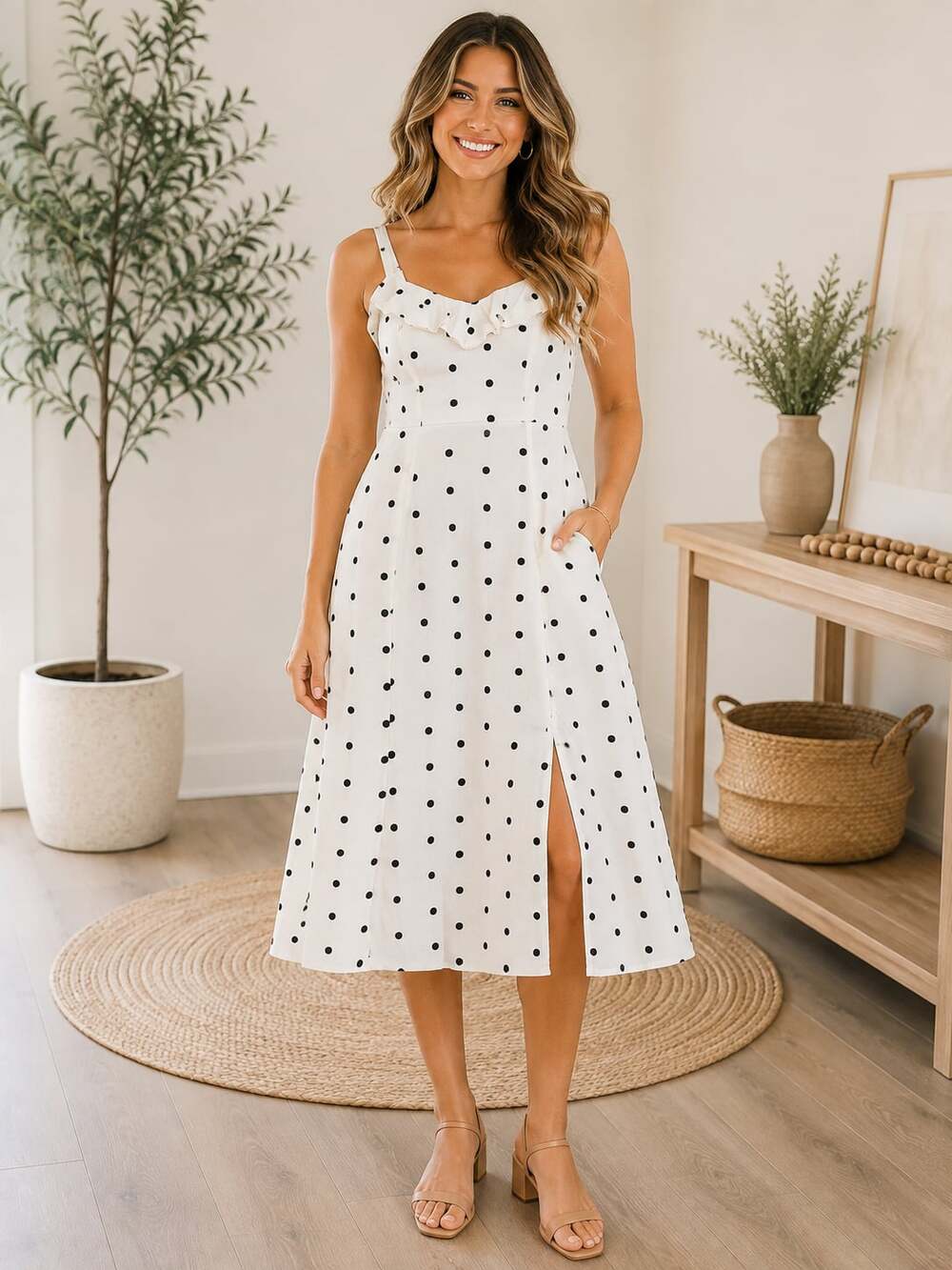 Old Navy Linen Blend Maxi Dress S White Black Polka Dot Ruffle Side Slit